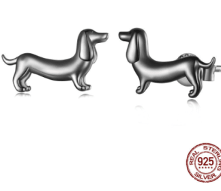 S925 Silver Sausage Dog Ear Stud And Ring Jewelry Set Cute Animal Argent Pur Adjustable Ring (Color: Earringsblack, Purity: S925)