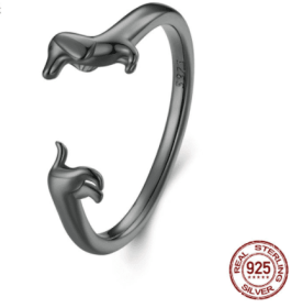 S925 Silver Sausage Dog Ear Stud And Ring Jewelry Set Cute Animal Argent Pur Adjustable Ring (Color: Ringblack, Purity: S925)