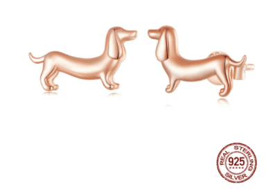 S925 Silver Sausage Dog Ear Stud And Ring Jewelry Set Cute Animal Argent Pur Adjustable Ring (Color: EarringsRose gold, Purity: S925)