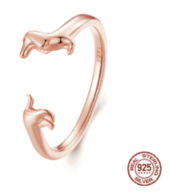S925 Silver Sausage Dog Ear Stud And Ring Jewelry Set Cute Animal Argent Pur Adjustable Ring (Color: RingRose gold, Purity: S925)