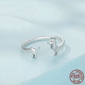 S925 Silver Sausage Dog Ear Stud And Ring Jewelry Set Cute Animal Argent Pur Adjustable Ring (Color: Ring, Purity: S925)