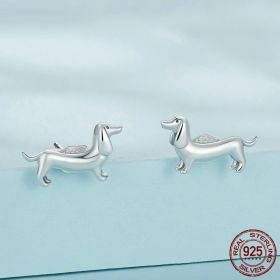 S925 Silver Sausage Dog Ear Stud And Ring Jewelry Set Cute Animal Argent Pur Adjustable Ring (Color: Earrings, Purity: S925)